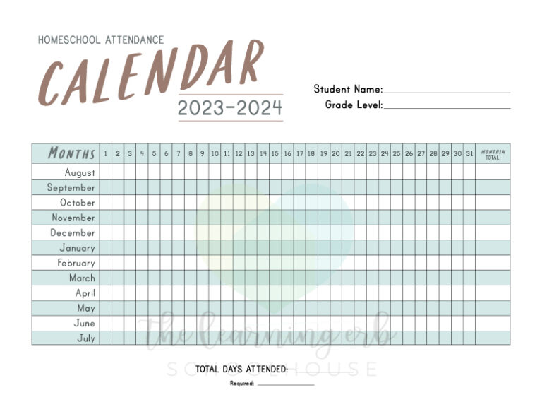 Printable 2024-2025 Attendance Calendar - Keep your homeschool ...