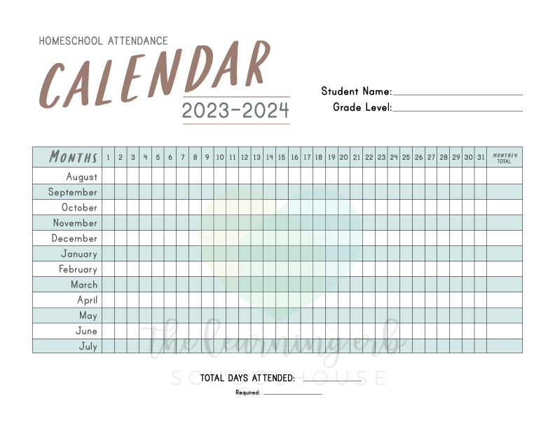 Printable 2024-2025 Attendance Calendar - Keep your homeschool organized by The Learning Erb